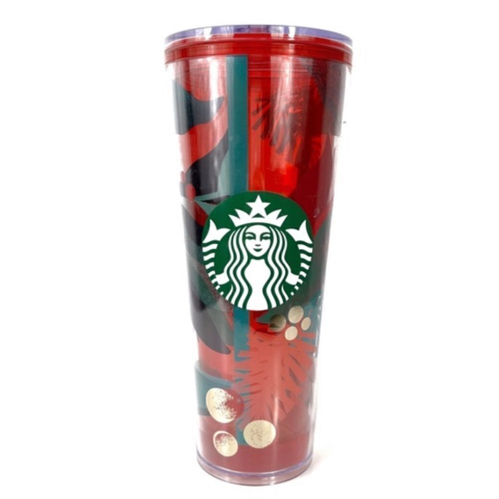 STARBUCKS Red Greenery 24oz. Holiday Christmas Cold Cup with Lid
